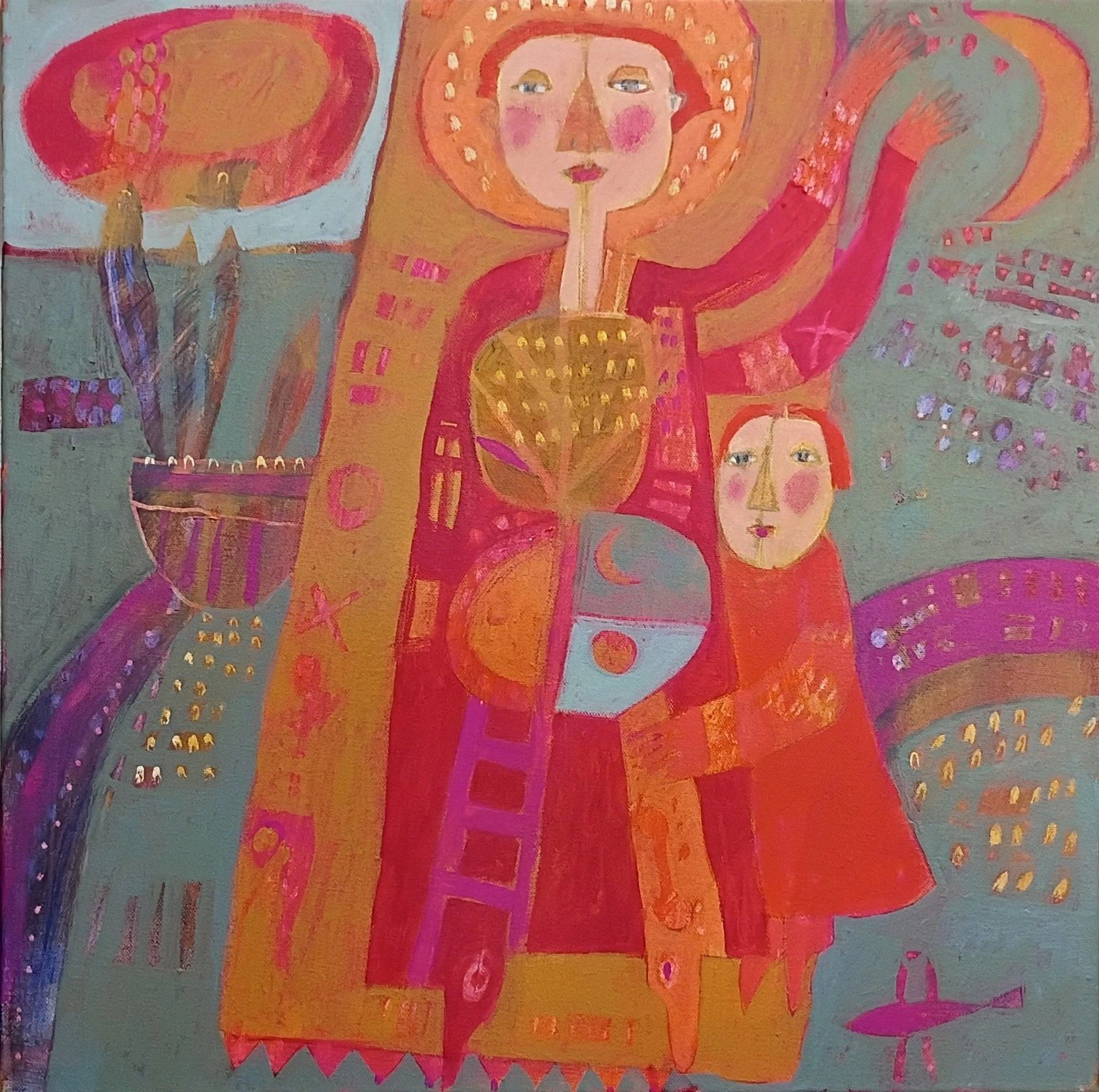 Abstract painting featuring two stylized figures in warm tones with symbolic elements.