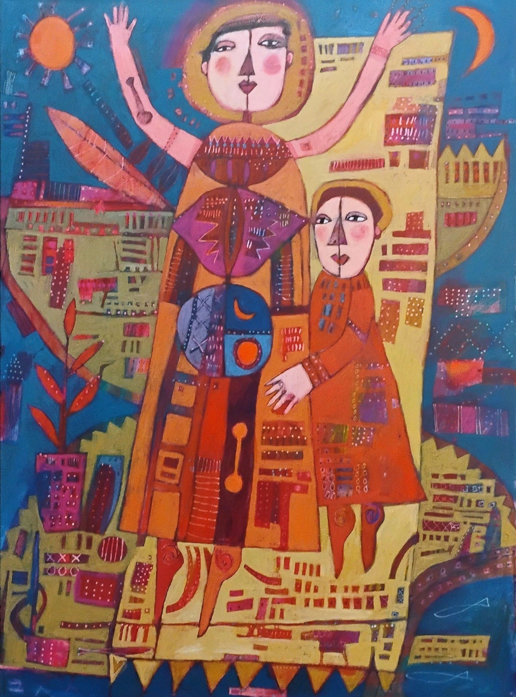 Abstract painting of two stylized figures with vibrant geometric patterns.