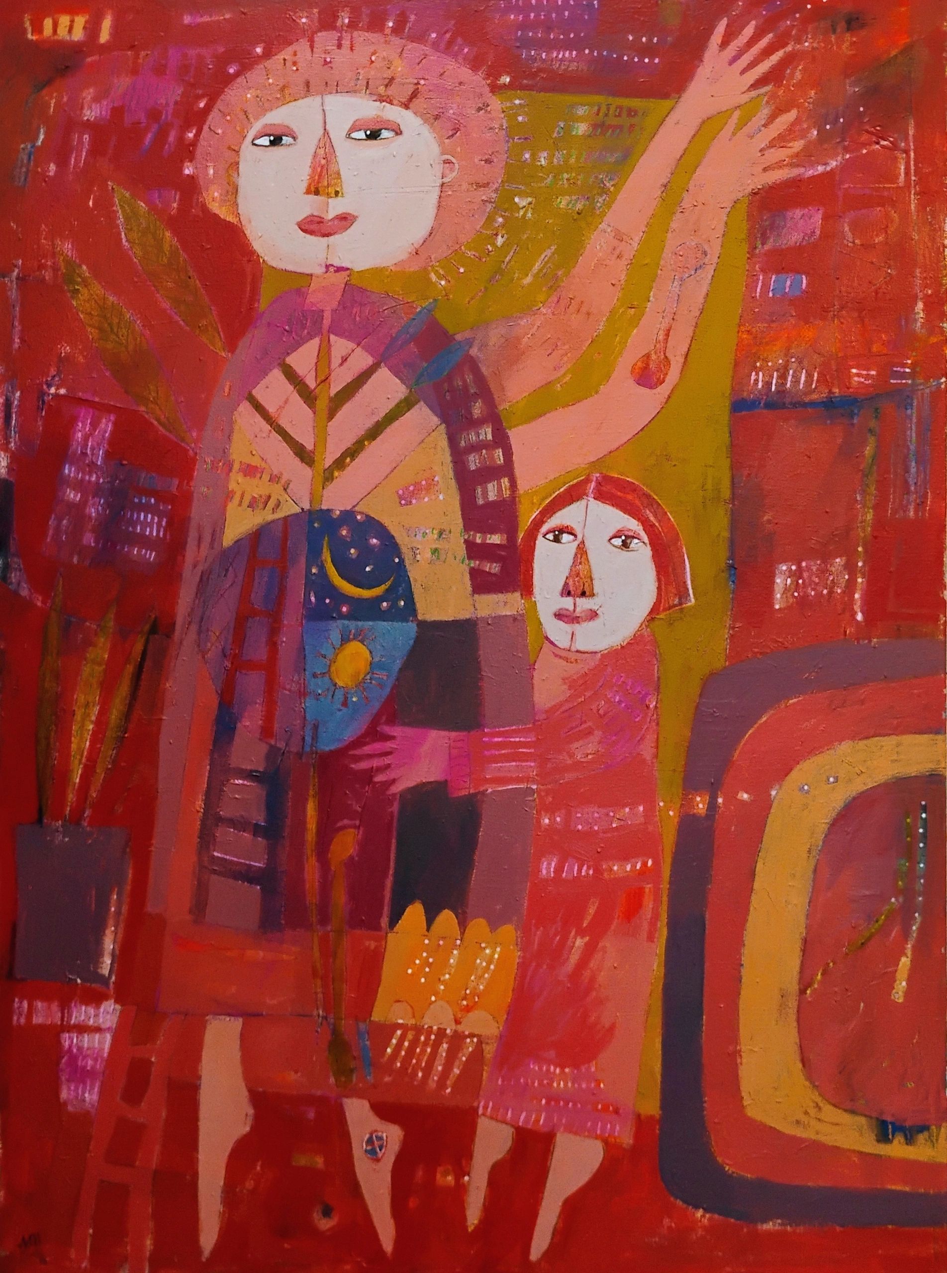 Abstract painting with two figures, warm reds and yellows.